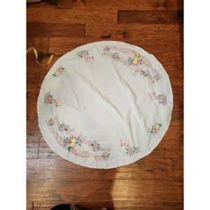 Vintage Handcrafted Tablecloth Embroidery Round 41" Butterflies and Flowers